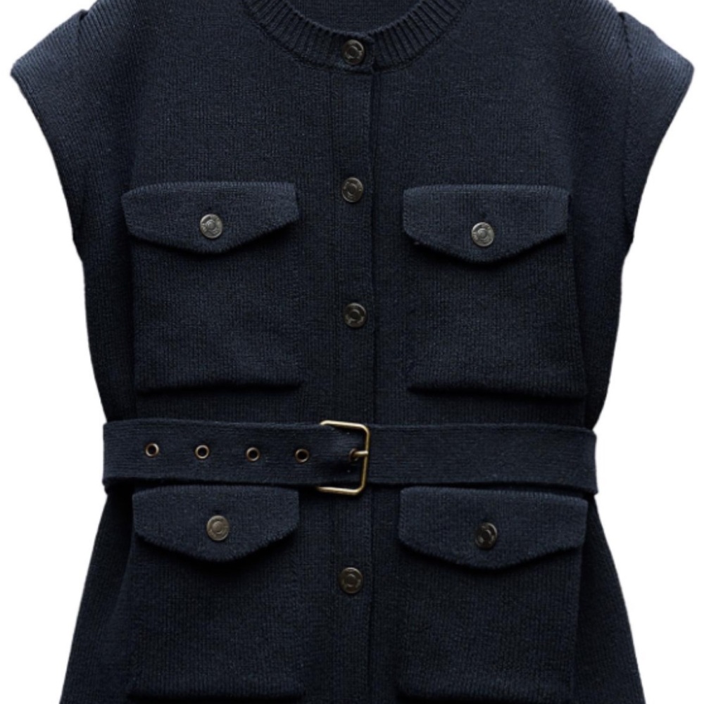 Zara Navy Belted Sleeveless Knit Vest